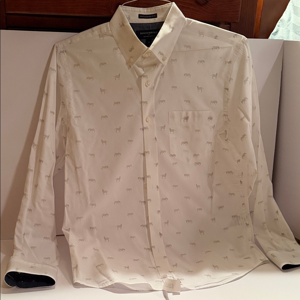 Banana Republic White Button-Up Shirt with Tiny Animal Print